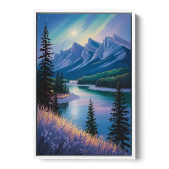 Banff National Park at Night - White Framed Canvas Wall Art - Front