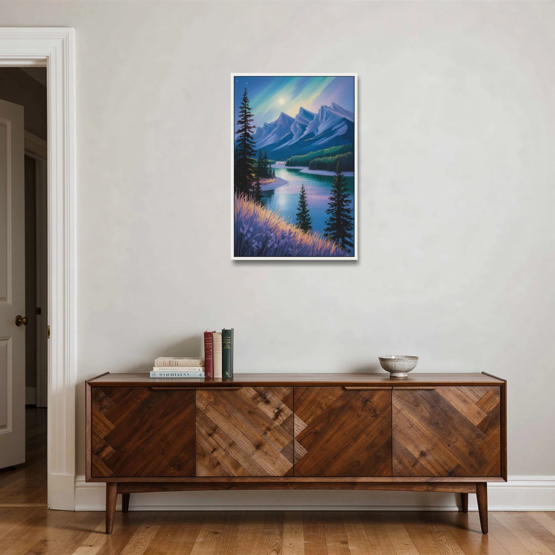 Banff National Park at Night - White Framed Canvas Wall Art - Coffee Table - 24x36