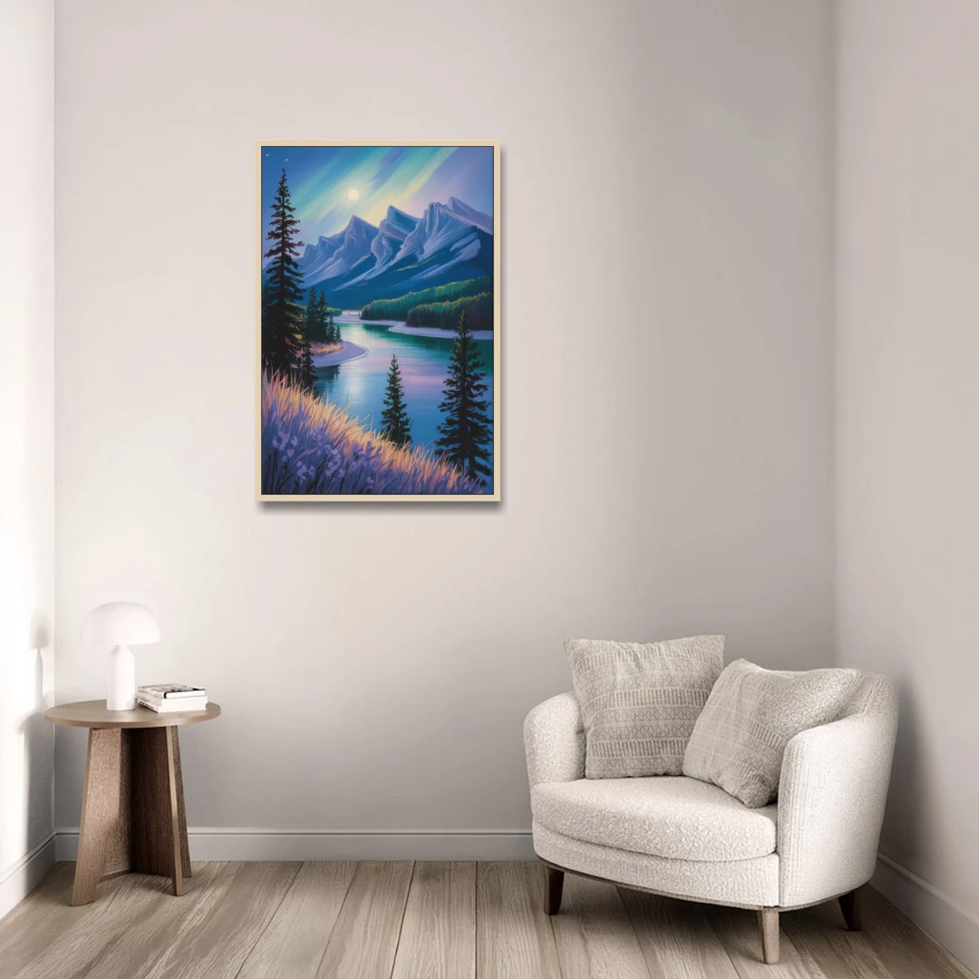 Banff National Park at Night - Oak Framed Canvas Wall Art - Sofa - 24x36
