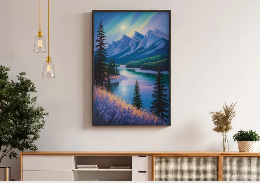 Banff National Park at Night canvas wall art above a wooden sideboard under pendant lights