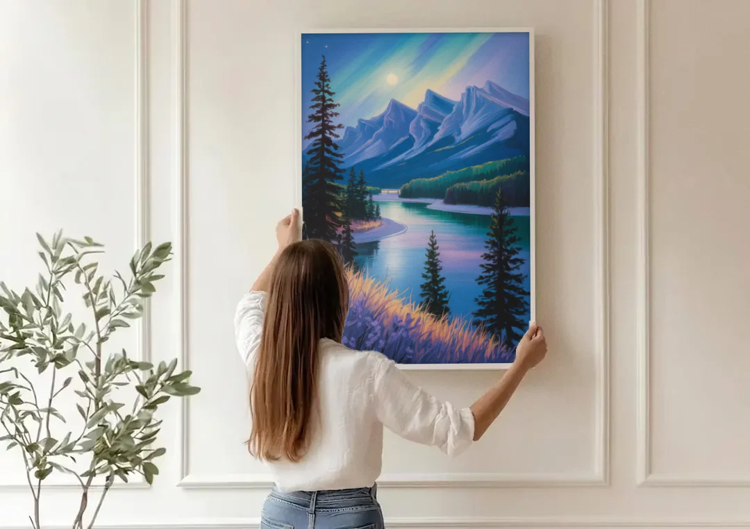 Banff National Park at Night canvas wall art being hung on a paneled wall