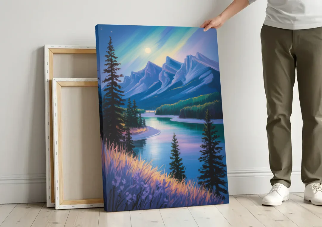 Banff National Park at Night canvas wall art leaning against a wall next to blank canvases