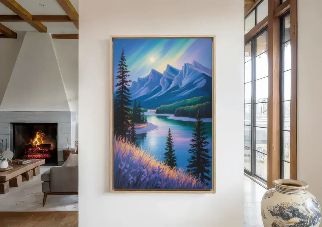 Banff National Park at Night canvas wall art in a living room with a fireplace