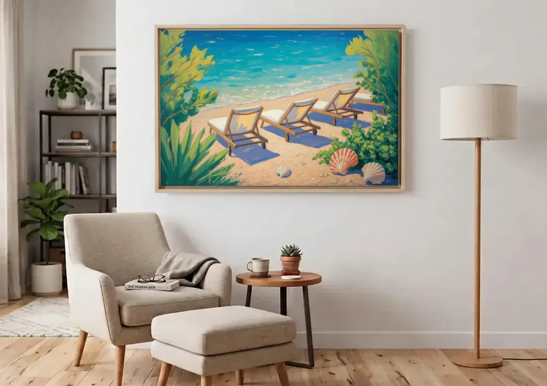 Banje Beach Bliss canvas wall art above an armchair in a bright living room