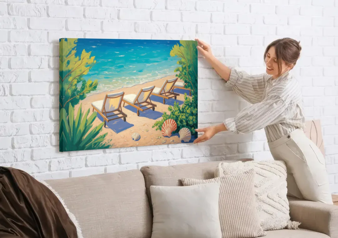 Banje Beach Bliss canvas wall art being hung on a white brick wall above a sofa