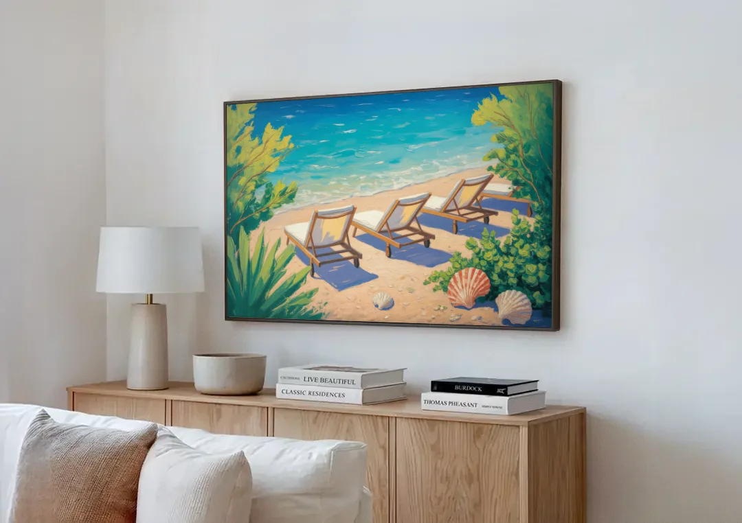 Banje Beach Bliss canvas wall art above a wooden sideboard next to a sofa