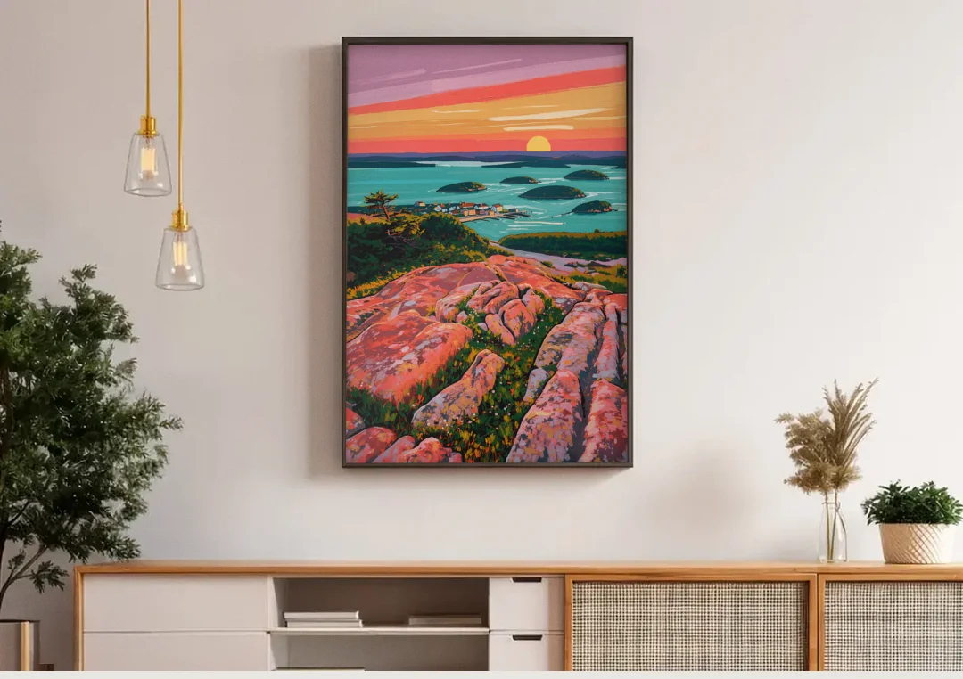 Bar Harbor Acadia National Park canvas wall art above a wooden sideboard under pendant lights