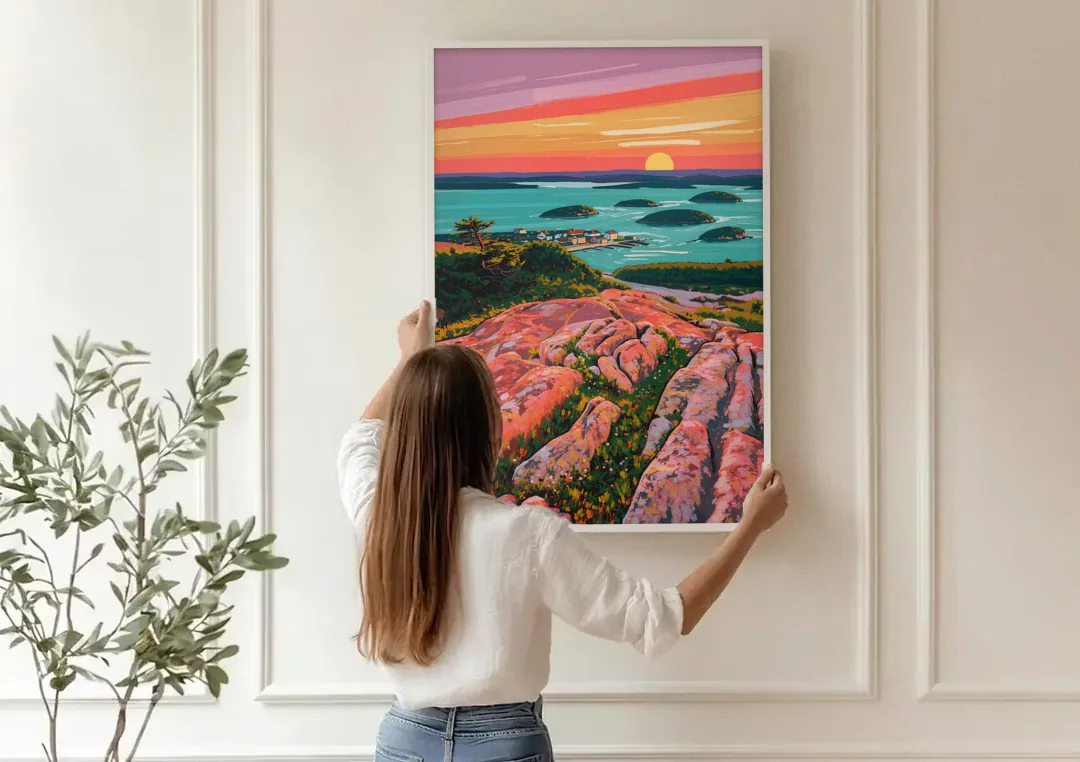 Bar Harbor Acadia National Park canvas wall art being hung on a paneled wall