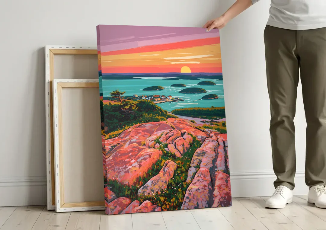Bar Harbor Acadia National Park canvas wall art leaning against a wall next to blank canvases