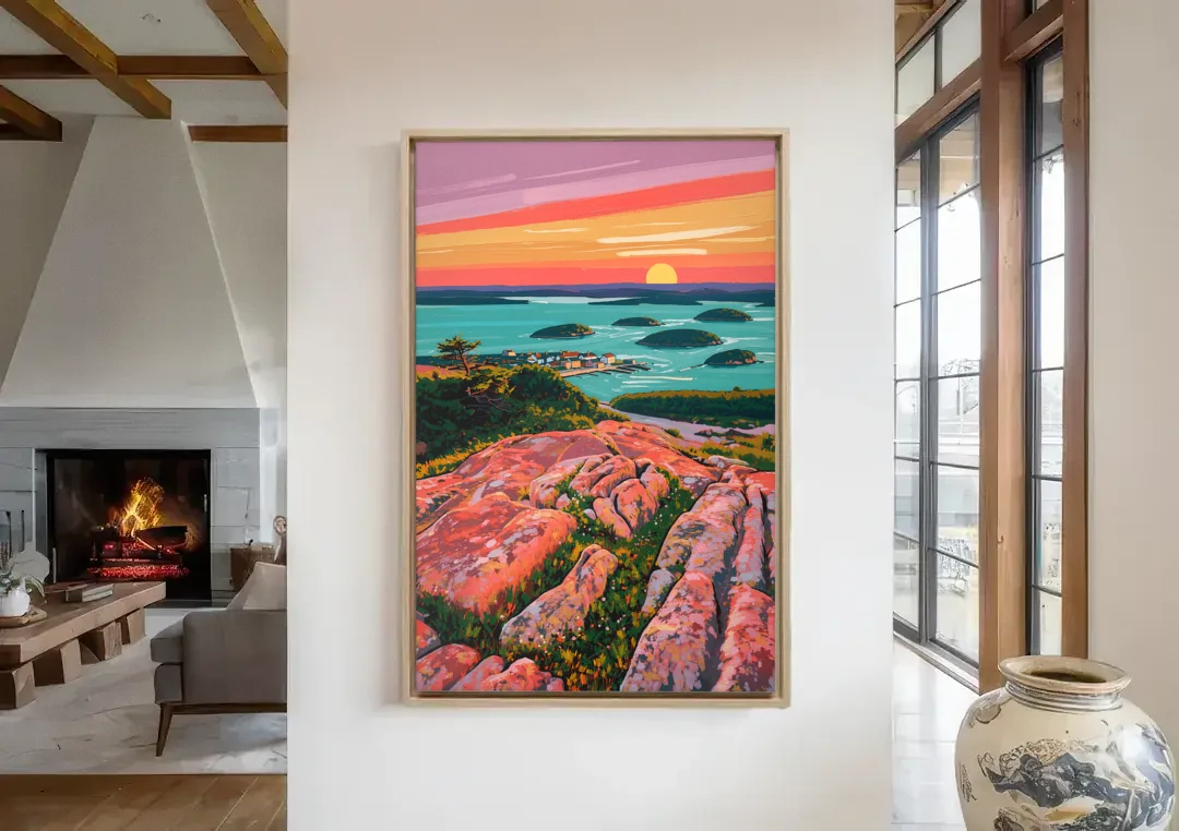 Bar Harbor Acadia National Park canvas wall art in a living room with a fireplace