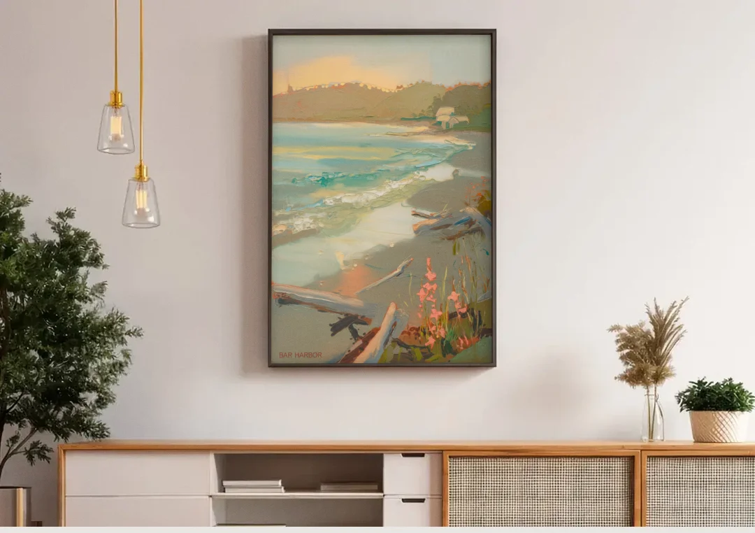 Bar Harbor Coastal Serenity canvas wall art above a wooden sideboard under pendant lights