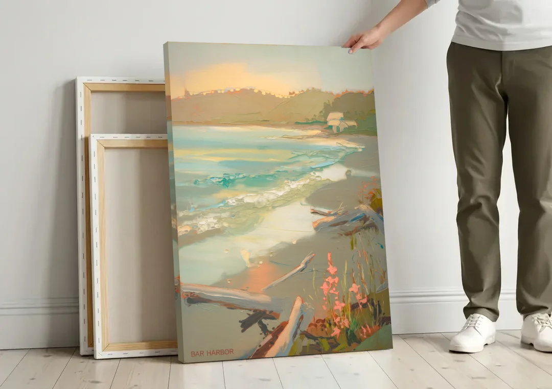 Bar Harbor Coastal Serenity canvas wall art leaning against a wall next to blank canvases