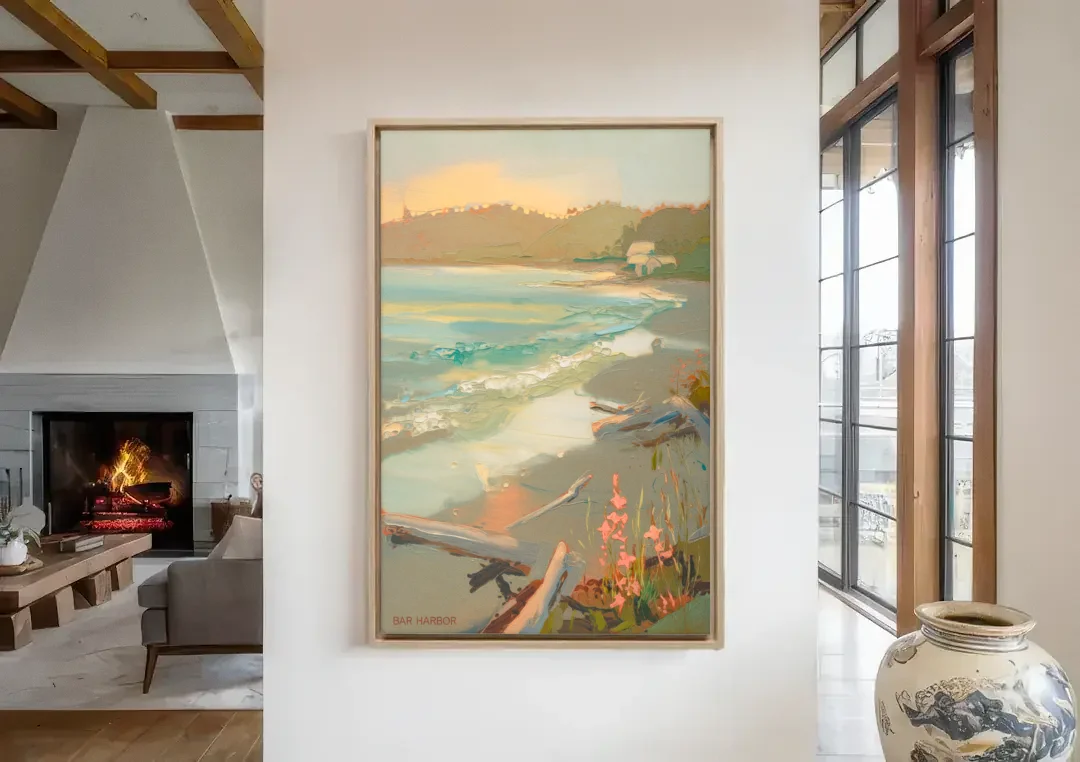 Bar Harbor Coastal Serenity canvas wall art in a living room with a fireplace