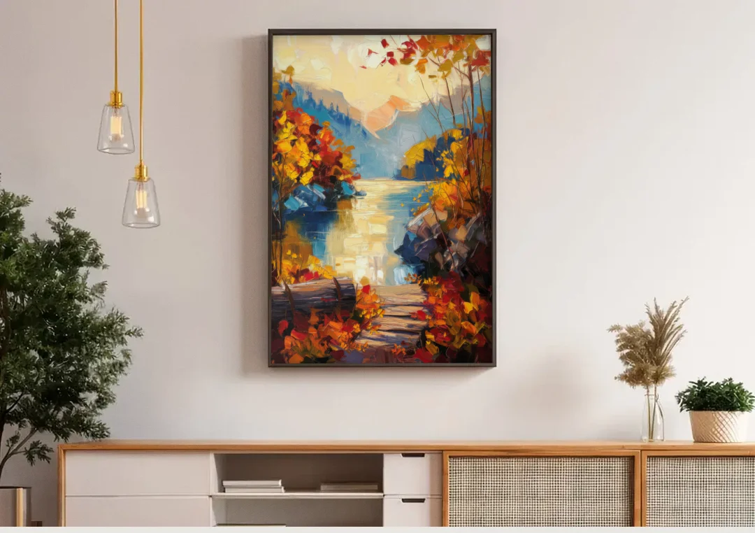 Bar Harbor Fall Foliage Views canvas wall art above a wooden sideboard under pendant lights