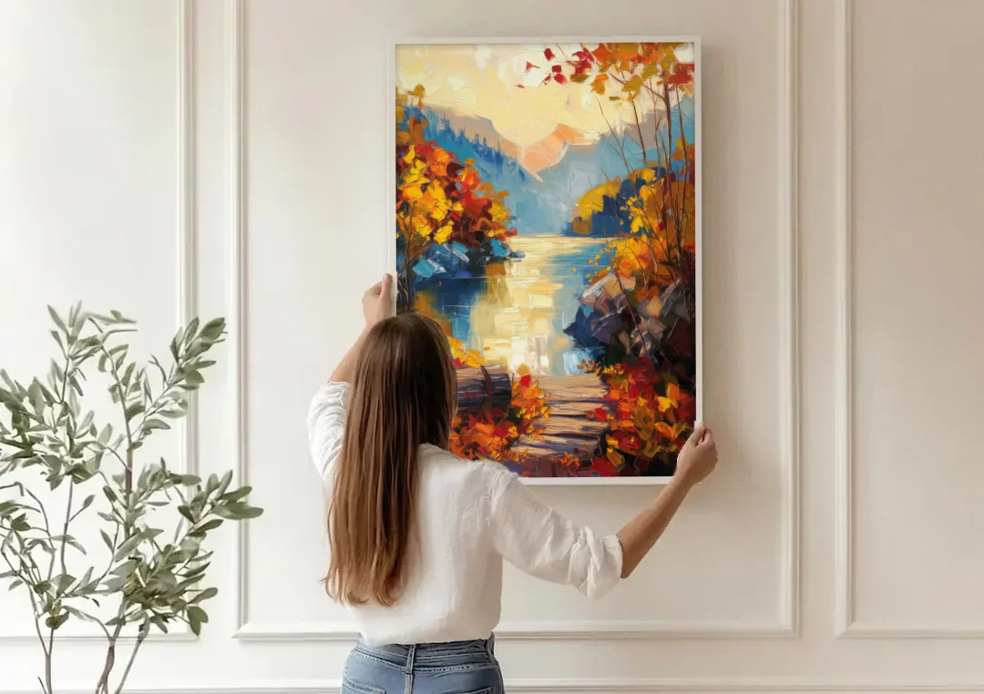 Bar Harbor Fall Foliage Views canvas wall art being hung on a paneled wall