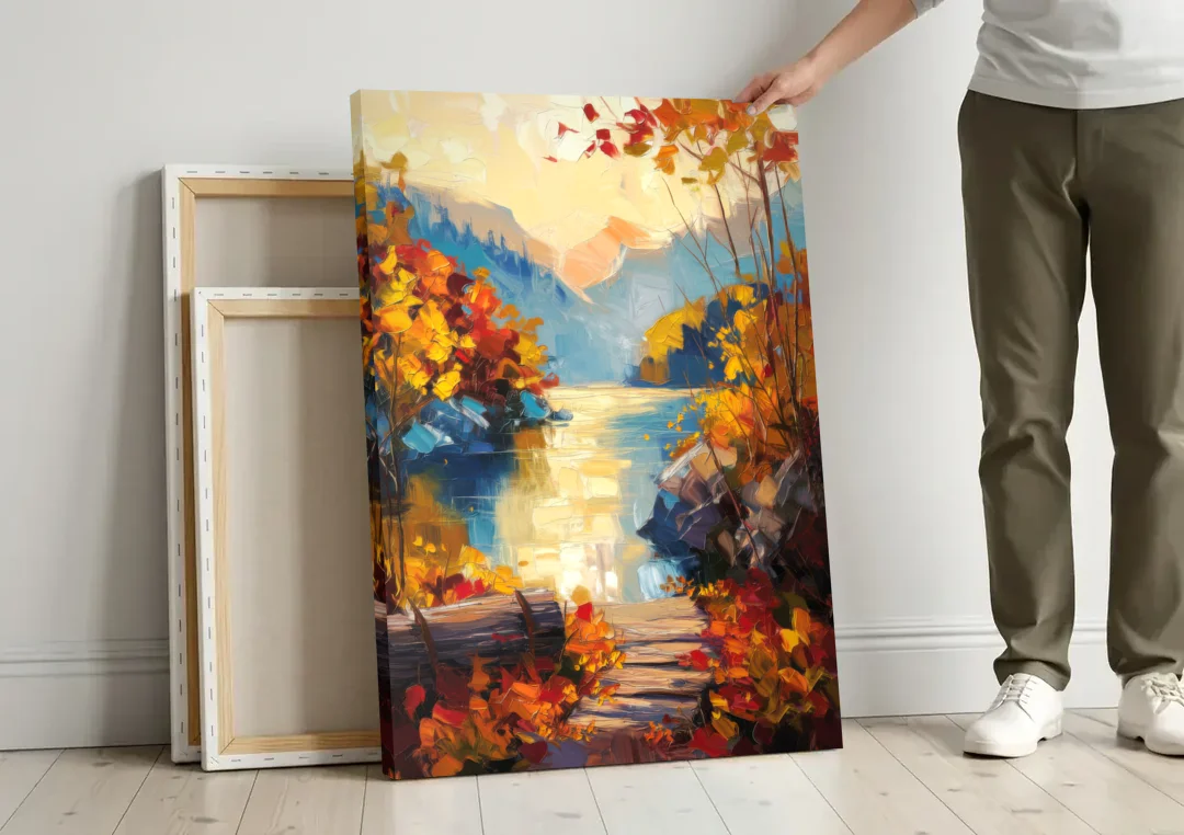 Bar Harbor Fall Foliage Views canvas wall art leaning against a wall next to blank canvases