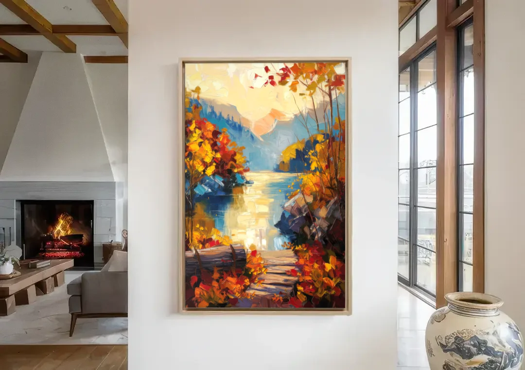 Bar Harbor Fall Foliage Views canvas wall art in a living room with a fireplace