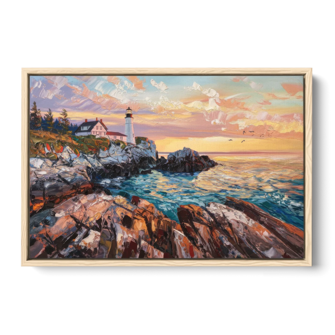 Bar Harbor Lighthouse Landscape - Oak Framed Canvas Wall Art - Front