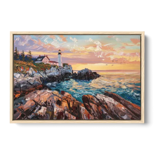 Bar Harbor Lighthouse Landscape - Oak Framed Canvas Wall Art - Front