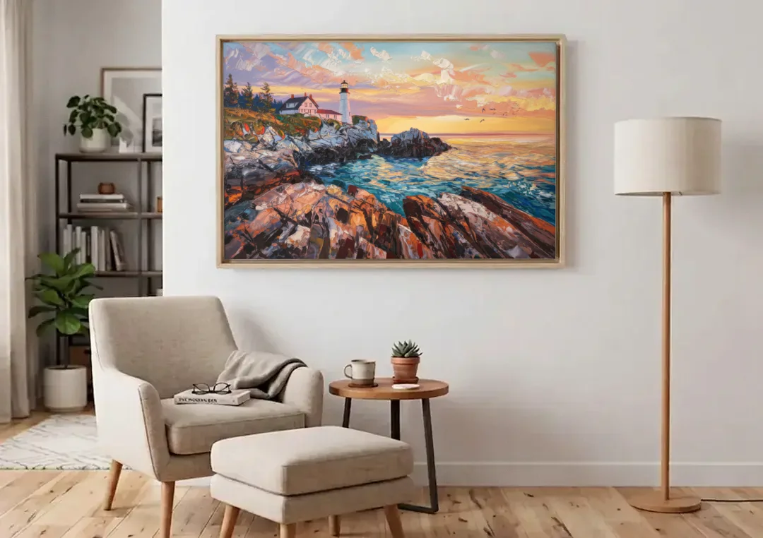 Bar Harbor Lighthouse Landscape canvas wall art above an armchair in a bright living room