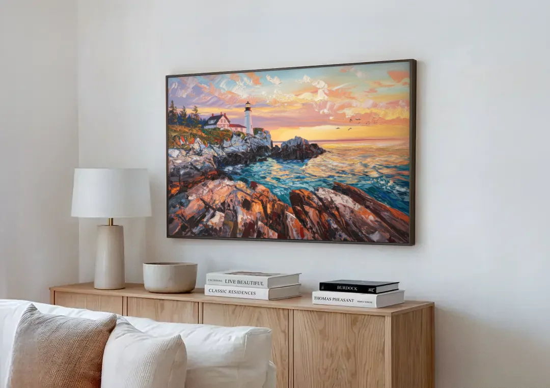 Bar Harbor Lighthouse Landscape canvas wall art above a wooden sideboard next to a sofa