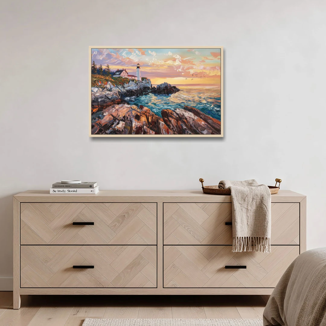 Bar Harbor Lighthouse Landscape - Oak Framed Canvas Wall Art - Coffee Table - 36x24