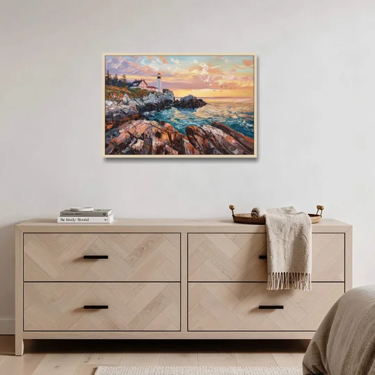 Bar Harbor Lighthouse Landscape - Oak Framed Canvas Wall Art - Coffee Table - 36x24