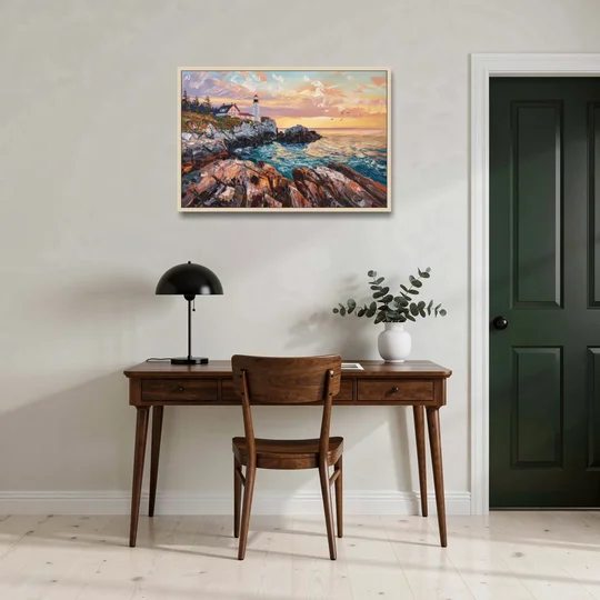 Bar Harbor Lighthouse Landscape - Oak Framed Canvas Wall Art - Office - 36x24