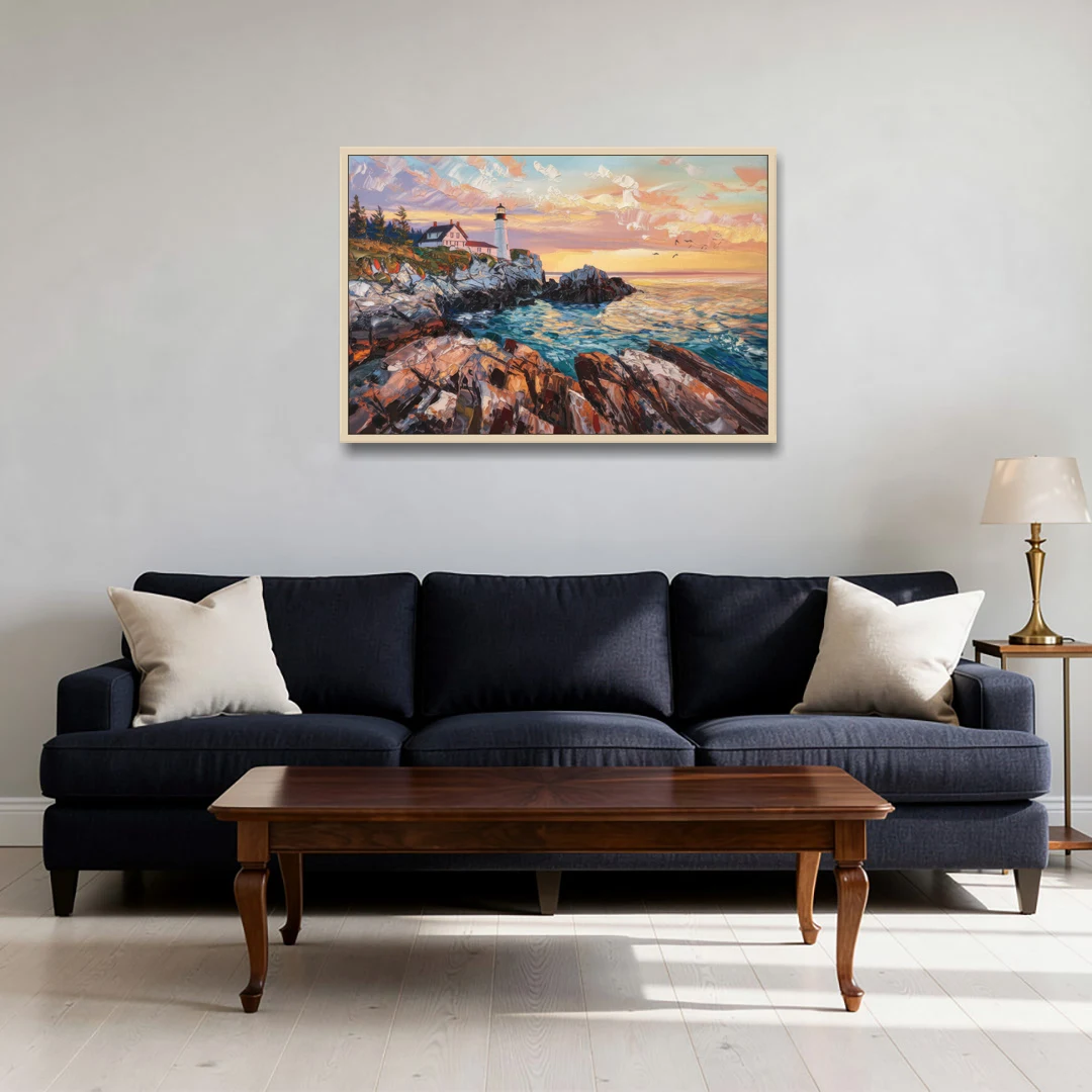 Bar Harbor Lighthouse Landscape - Oak Framed Canvas Wall Art - Sofa - 36x24