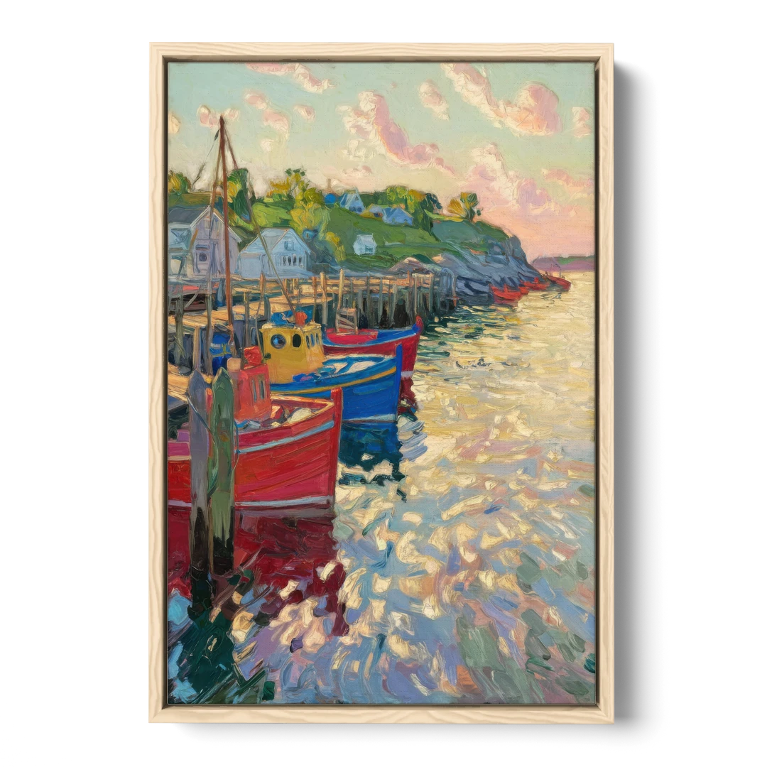 Bar Harbor Lobster Boats Harbor - Oak Framed Canvas Wall Art - Front