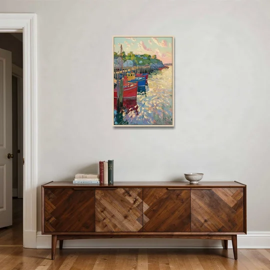 Bar Harbor Lobster Boats Harbor - Oak Framed Canvas Wall Art - Coffee Table - 24x36