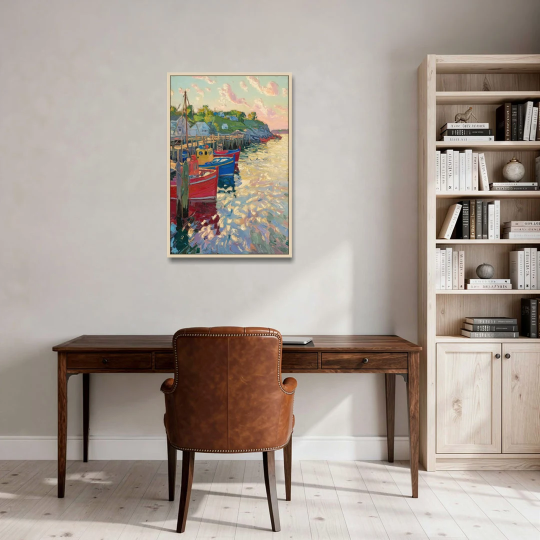 Bar Harbor Lobster Boats Harbor - Oak Framed Canvas Wall Art - Office - 24x36