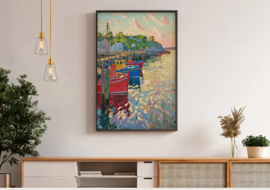 Bar Harbor Lobster Boats Harbor canvas wall art above a wooden sideboard under pendant lights