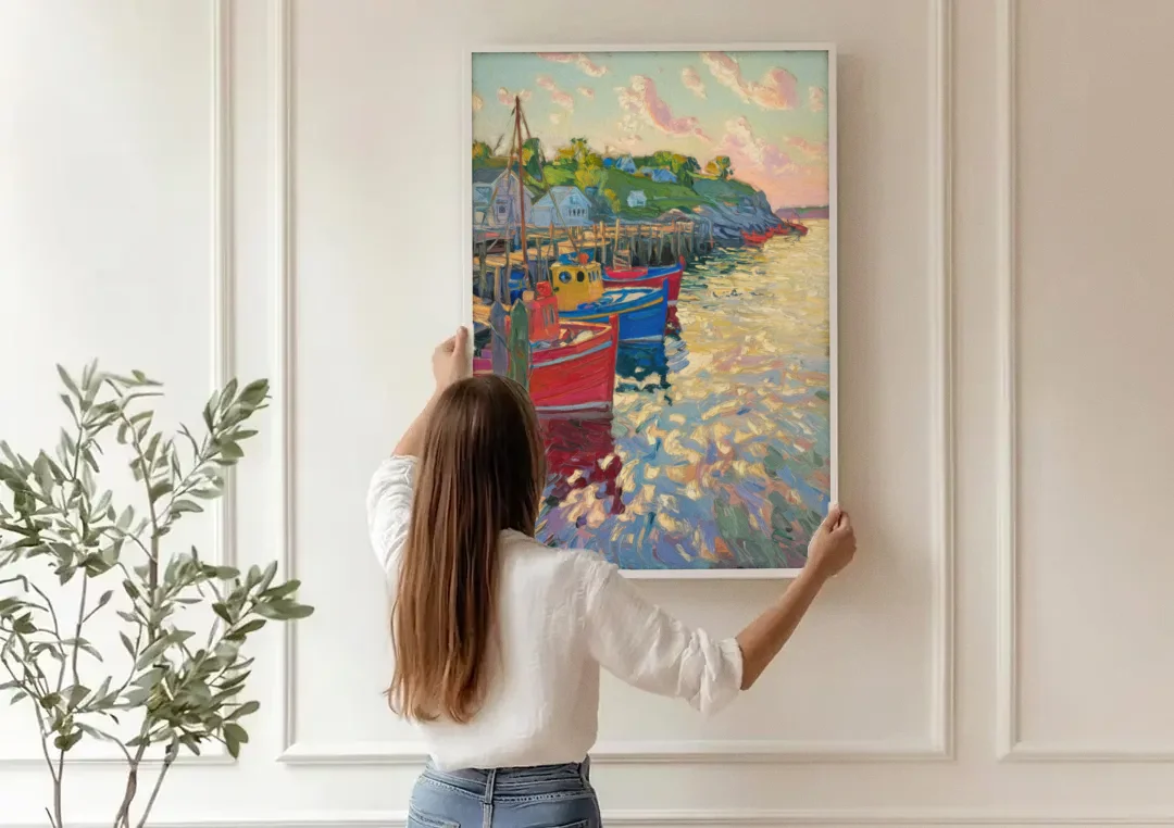Bar Harbor Lobster Boats Harbor canvas wall art being hung on a paneled wall