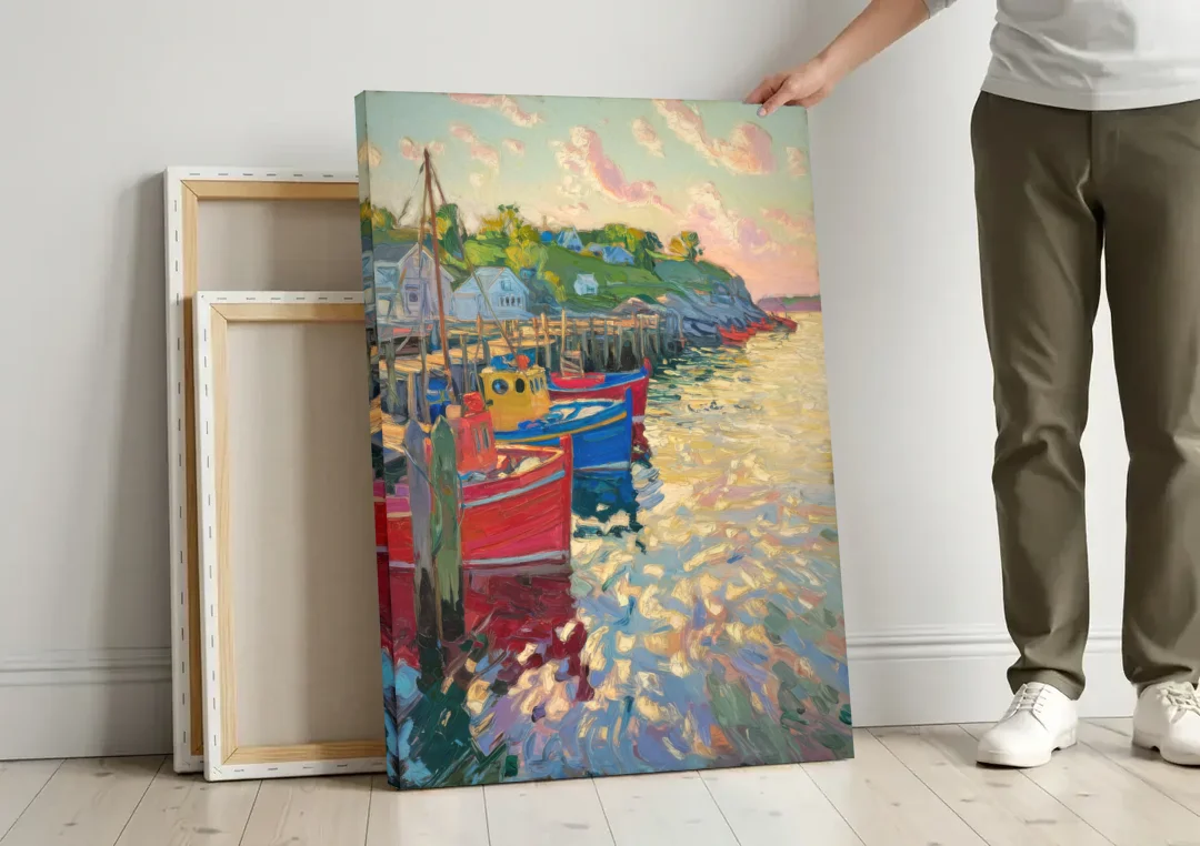 Bar Harbor Lobster Boats Harbor canvas wall art leaning against a wall next to blank canvases