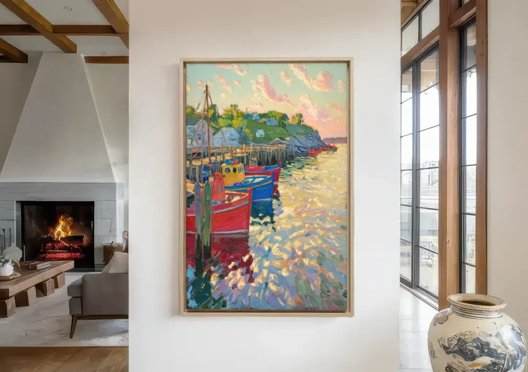 Bar Harbor Lobster Boats Harbor canvas wall art in a living room with a fireplace