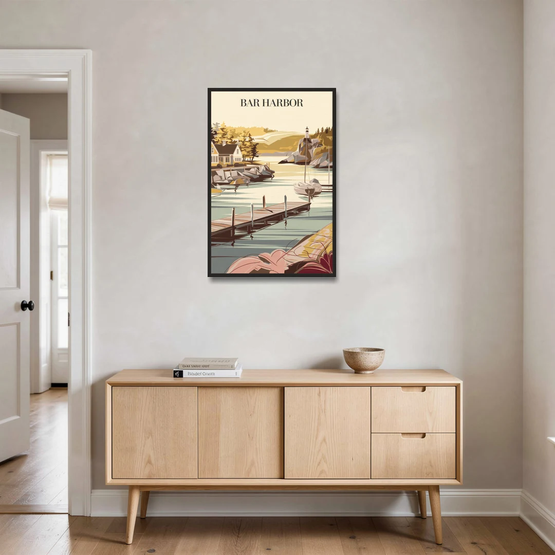 Bar Harbor New England Charm - Black Framed Canvas Wall Art - Coffee Table - 24x36