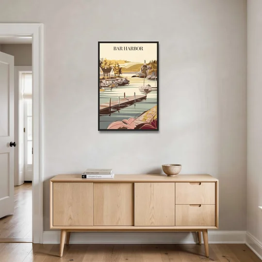 Bar Harbor New England Charm - Black Framed Canvas Wall Art - Coffee Table - 24x36