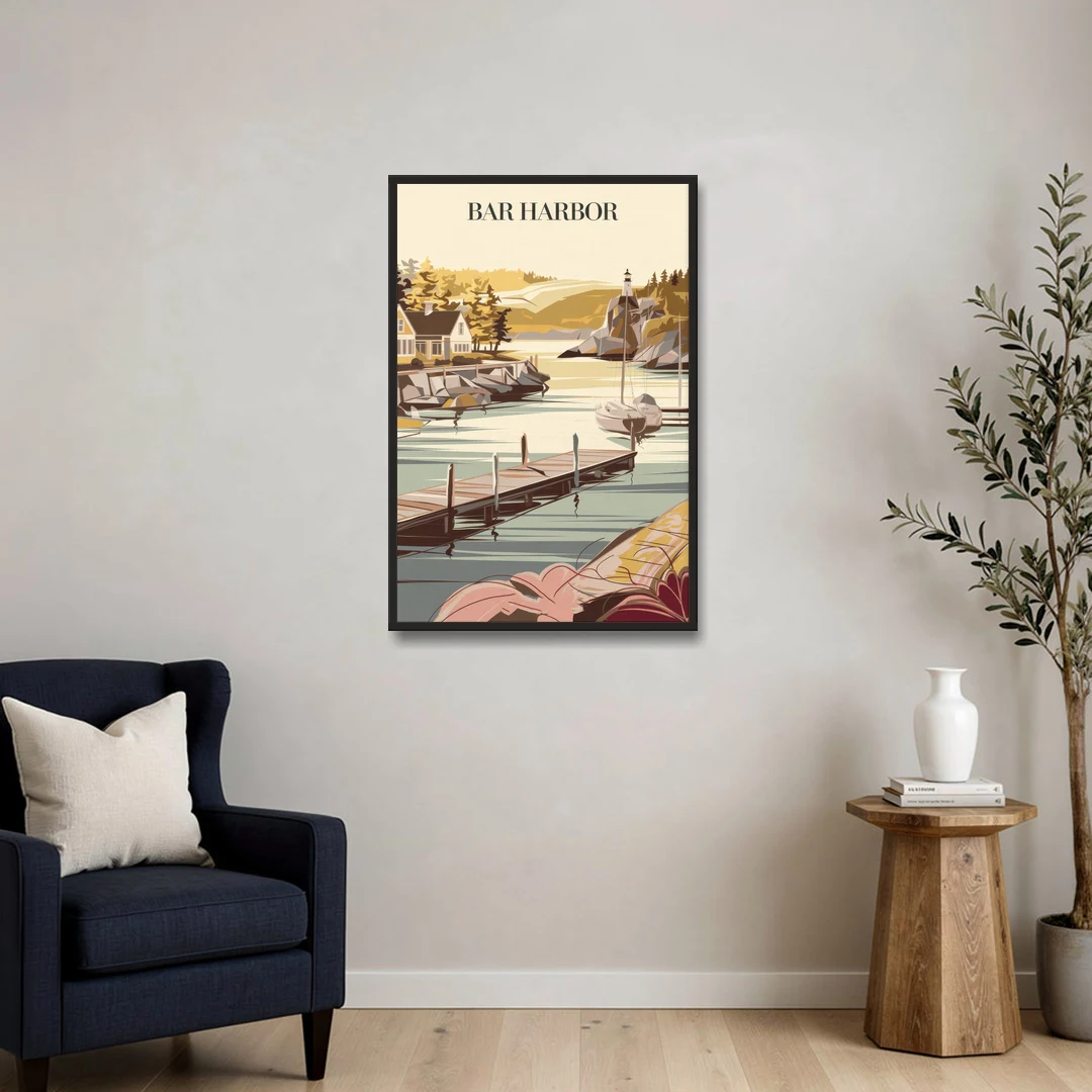Bar Harbor New England Charm - Black Framed Canvas Wall Art - Sofa - 24x36