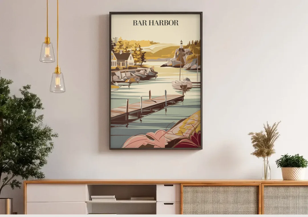 Bar Harbor New England Charm canvas wall art above a wooden sideboard under pendant lights