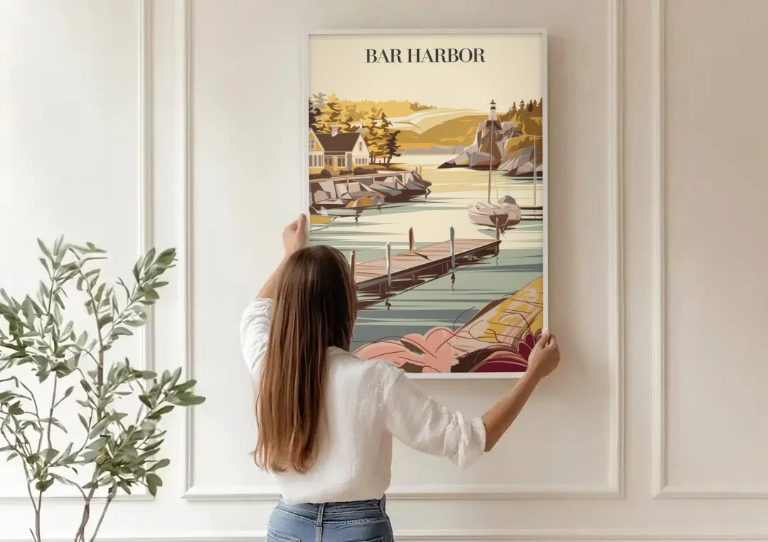 Bar Harbor New England Charm canvas wall art being hung on a paneled wall