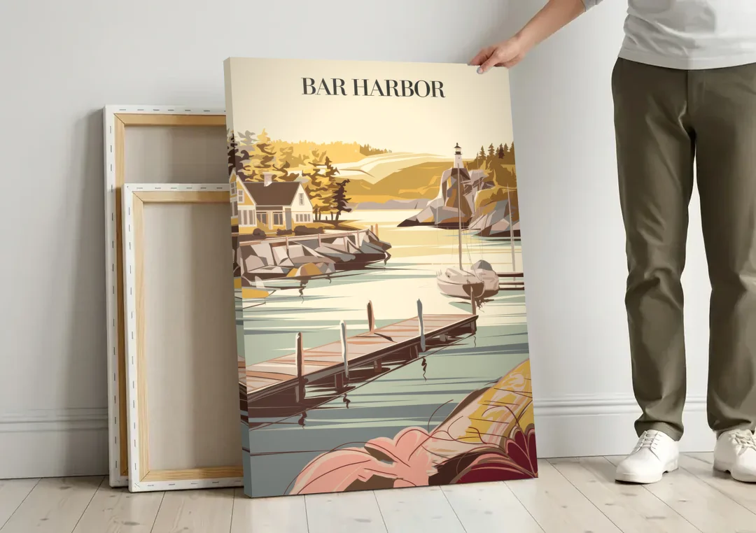 Bar Harbor New England Charm canvas wall art leaning against a wall next to blank canvases