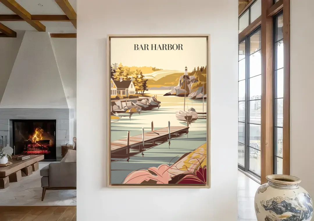Bar Harbor New England Charm canvas wall art in a living room with a fireplace