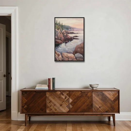 Bar Harbor Rocky Shoreline - Black Framed Canvas Wall Art - Coffee Table - 24x36