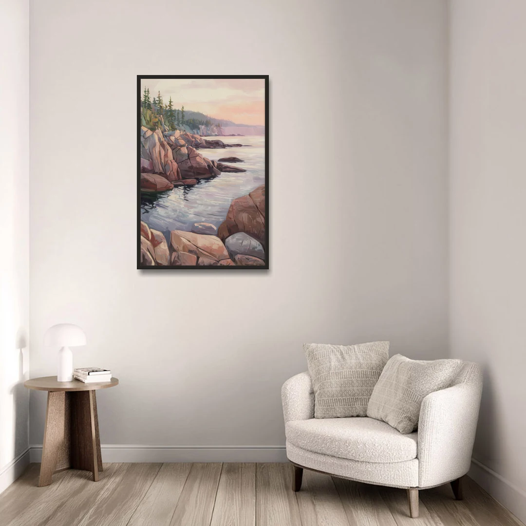 Bar Harbor Rocky Shoreline - Black Framed Canvas Wall Art - Sofa - 24x36