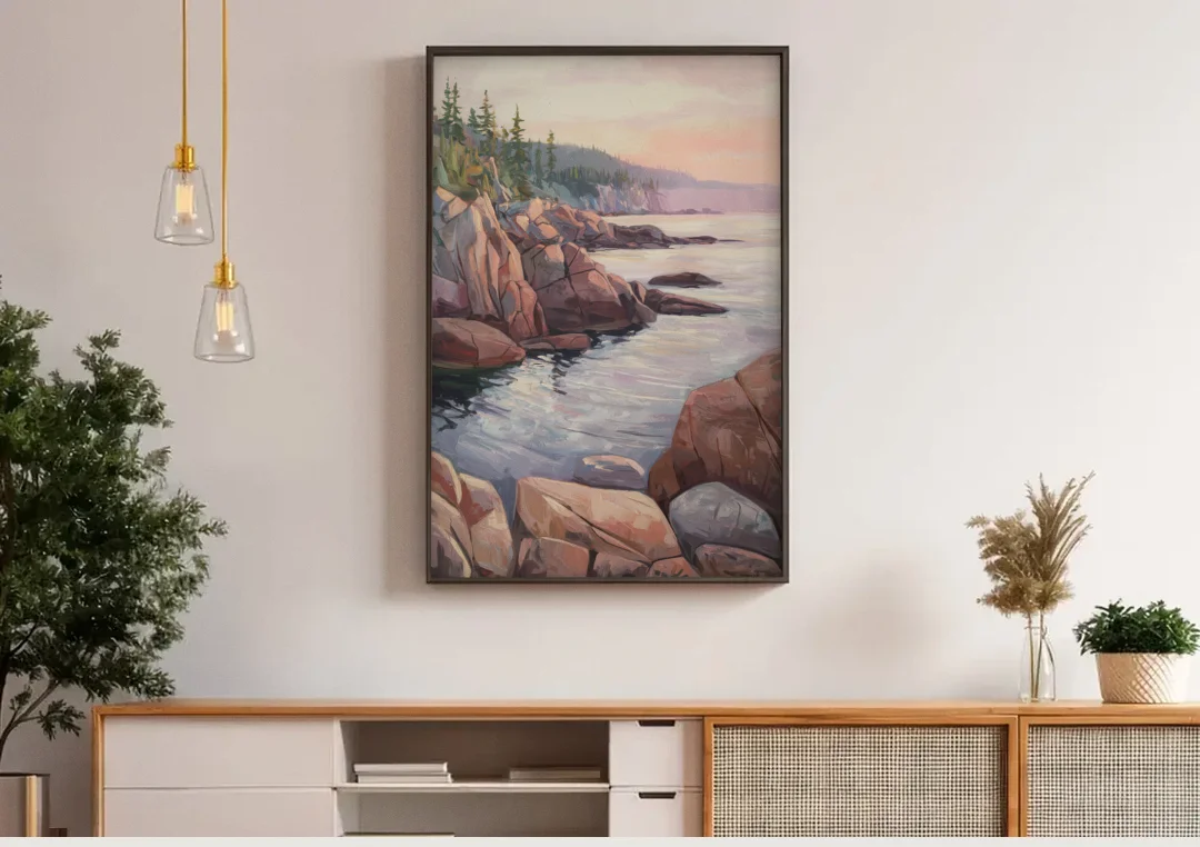 Bar Harbor Rocky Shoreline canvas wall art above a wooden sideboard under pendant lights