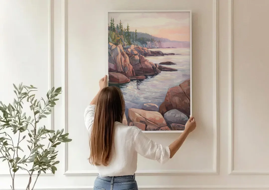 Bar Harbor Rocky Shoreline canvas wall art being hung on a paneled wall