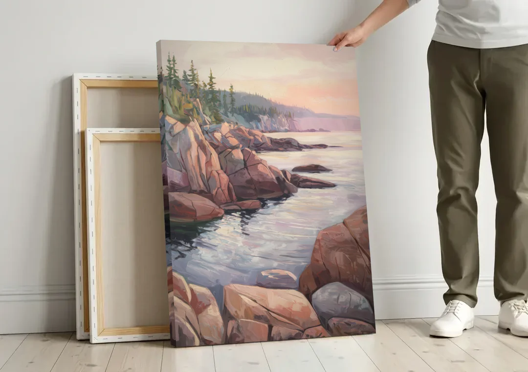 Bar Harbor Rocky Shoreline canvas wall art leaning against a wall next to blank canvases