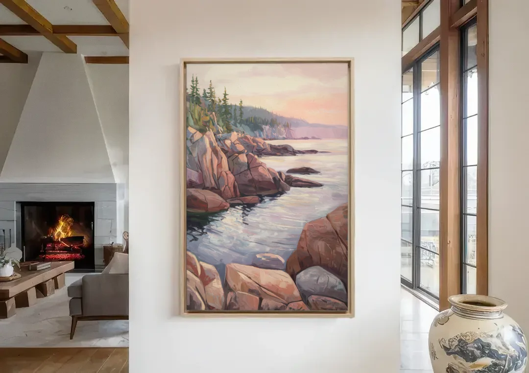 Bar Harbor Rocky Shoreline canvas wall art in a living room with a fireplace