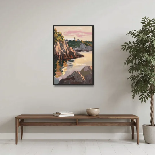 Bar Harbor Scenic Coastline - Black Framed Canvas Wall Art - Coffee Table - 24x36